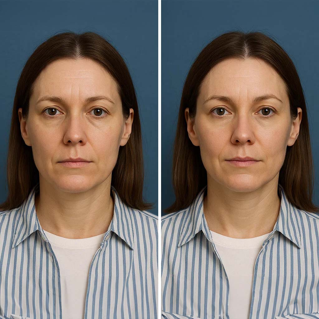 Antes y después de una mujer española luego de realizar un tratamiento de aumento de pómulos
