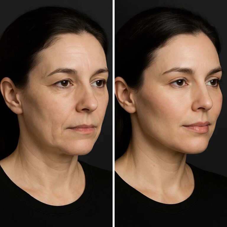 Mujer española, antes y después de realizarse un aument de pómulos