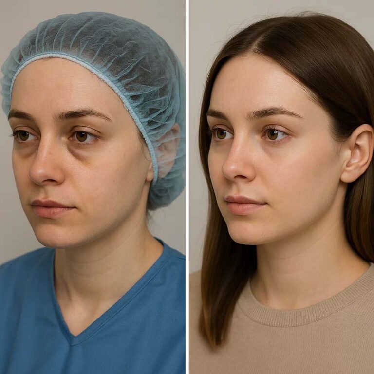 Mujer antes y después de realizarse un tratamiento de relleno de ojeras