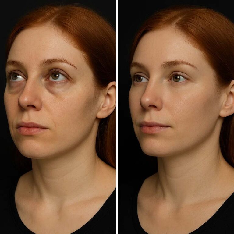 Mujer luego de realizarse un tratamiento de relleno de ojeras