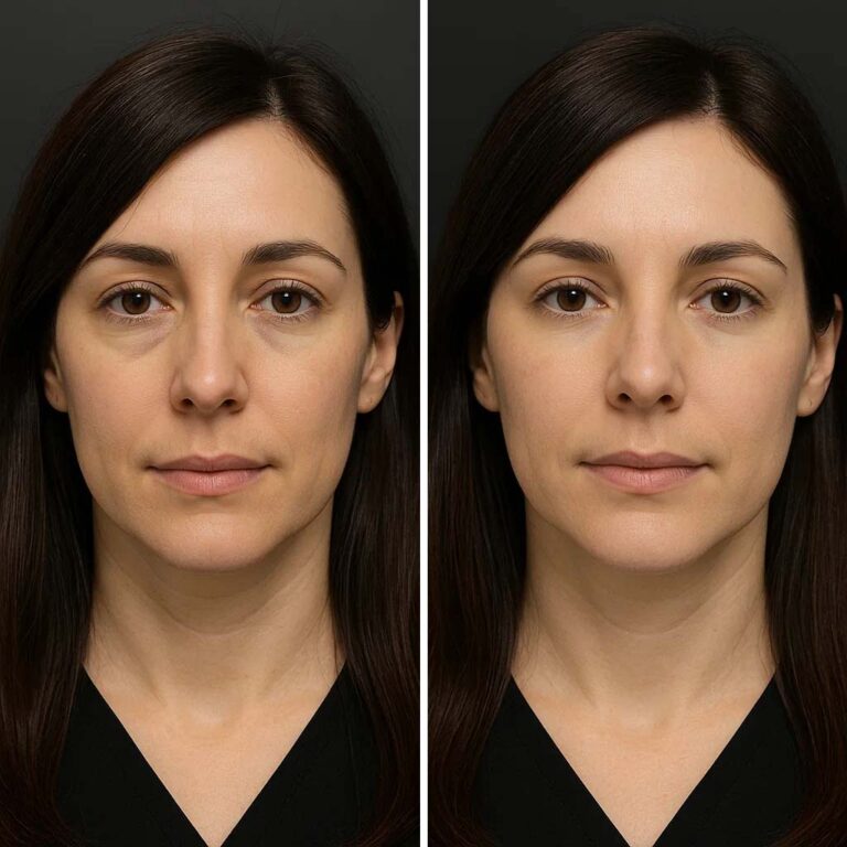 Mujer antes y después de realizarse un tratamiento de relleno de ojeras en la clínica Rejuvelook