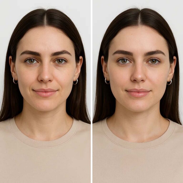 Mujer española antes y después de realizarse un tratamiento de relleno de surcos nasogenianos.